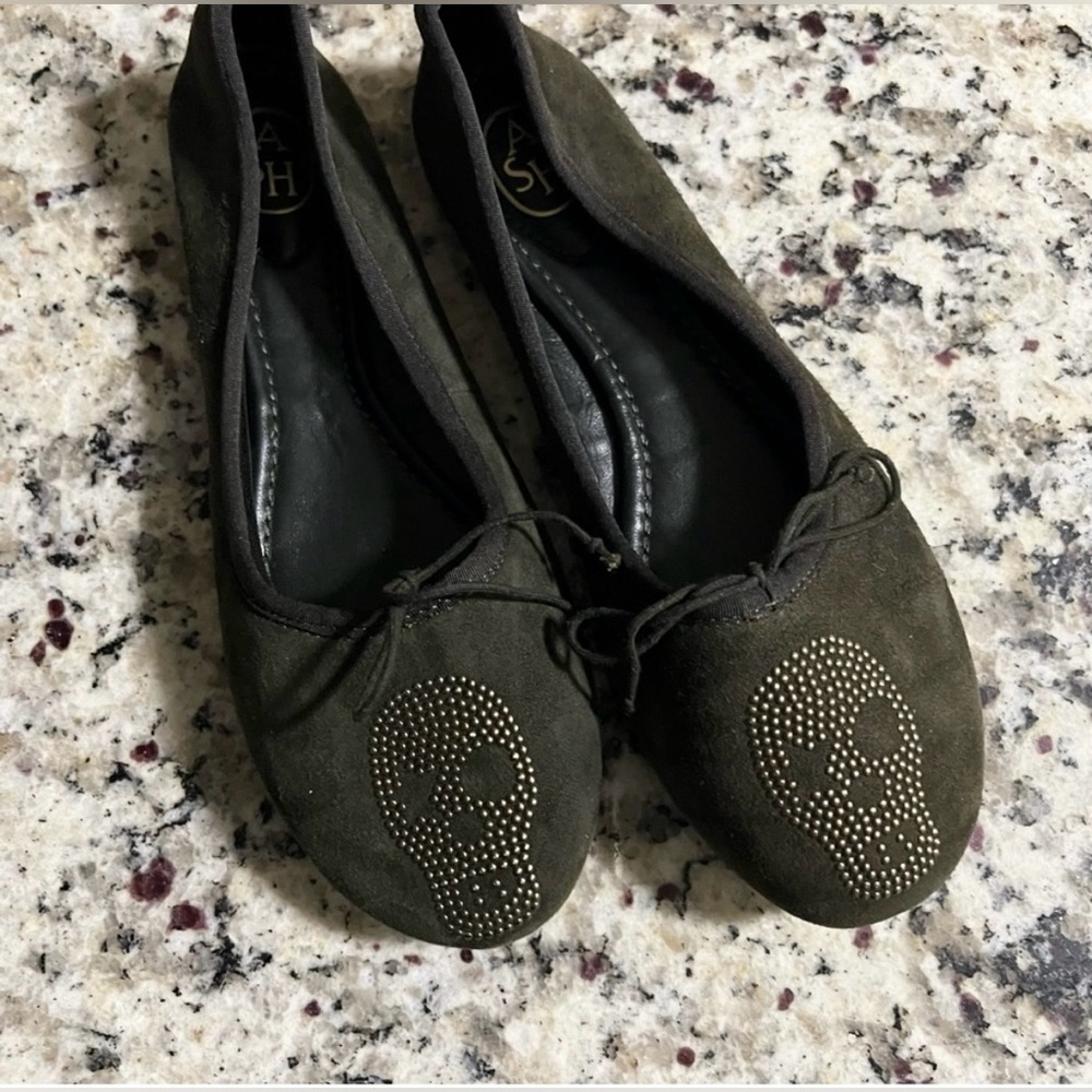 ASH Olive Joe Bis Bow Ballet Flats With Stud Skull 38 Olive Green Grunge